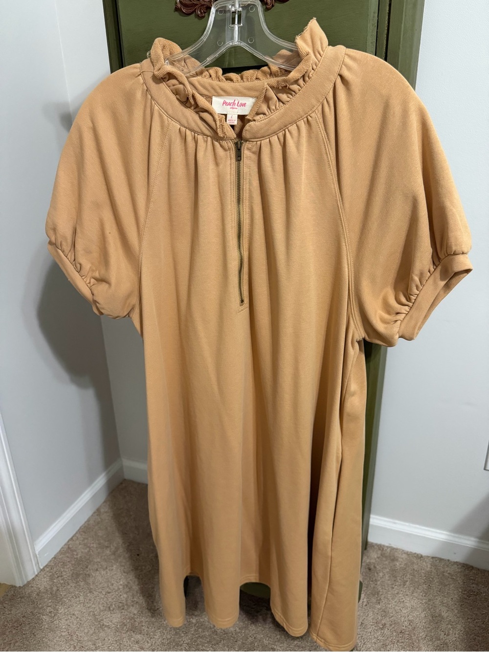 Peach Love California Tan Midi Dress with Ruffle Neck